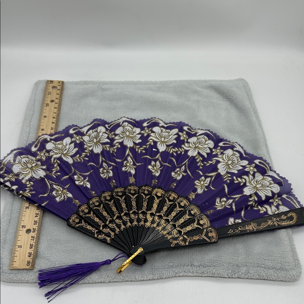 Asian Hand Fan with Tassel-Purple, White with Gold Sparkling Florals 9”x 17”